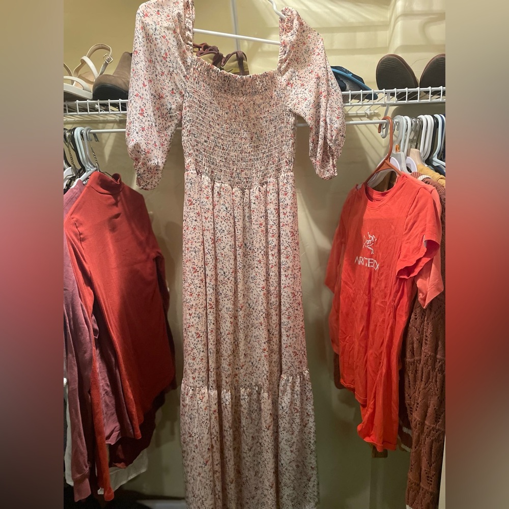Light Pink Floral Smocked Midi Dress